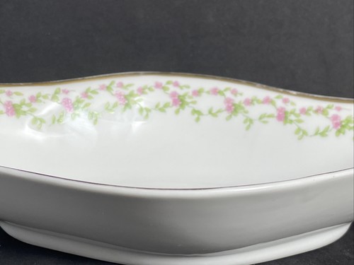 GDA Limoges Francia Nuez Caramelo Servir Cuenco Borde Dorado Flores Rosas Vides Verdes - Imagen 5 de 6