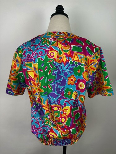 Vintage 90s Colorful Party Blouse S Abstract Floral Geometric Print Jewel Tone - Picture 7 of 12