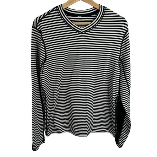 Lululemon Speed Medium schwarz & weiß gestreift Activewear Langarm V-Ausschnitt