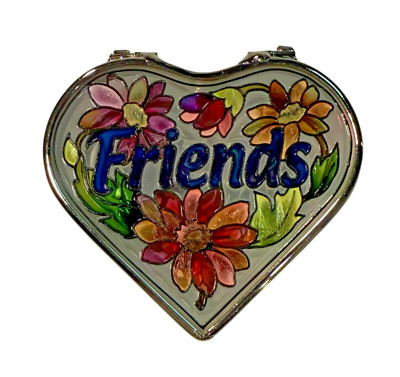 Friends Small Heart Shaped Hinged Box w Glass Top Flower Trinket Jewelry Box