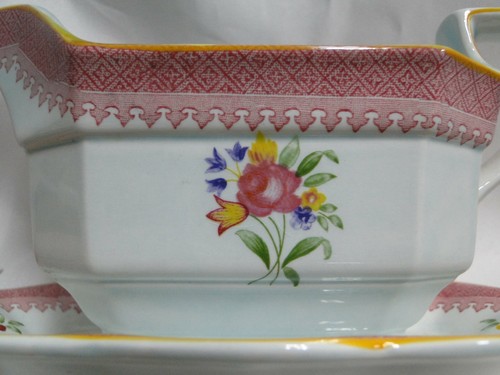 Adams Lowestoft, Celadon, Pink Border: Gravy Boat w/ Underplate, As Is - Picture 6 of 12