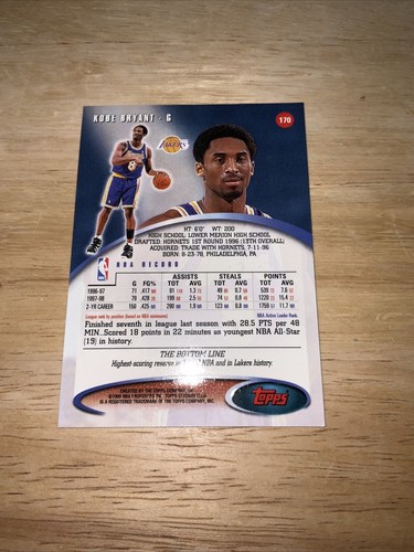 1999 TOPPS STADIUM CLUB KOBR BRYANT #170 LOS ANGELES LAKERS #8 MINT CARD - Picture 2 of 2