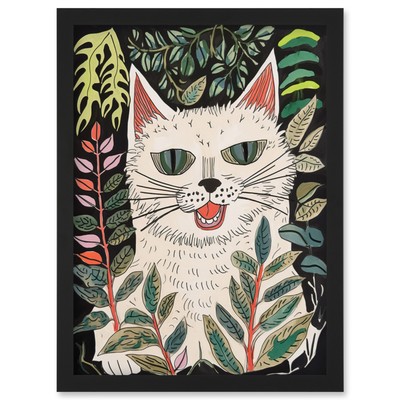 Weiße Stoffpuppe Katze im Garten Aquarell Volkskunst gerahmtes Kunstbild Druck A4