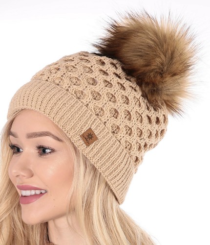 Damen Beanie Schal warm Winter Bommel Kunstfell Bommel wollig Vollfutter kuschelig - Bild 143 von 214