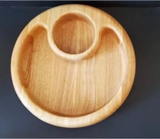 Crate & Barrel Beech Wood Ceramic Chip and Dip Bowl Tray Beechwood Round 12"