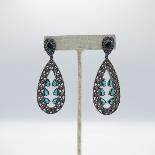 Pendientes colgantes lágrima vidrio verde Gunmetal Gaudy elegantes - Imagen 4 de 14