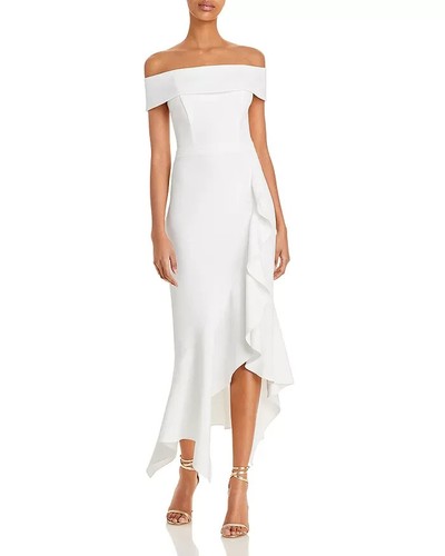 Aqua Women's White Scuba Crepe Off-the-Shoulder Midi Dress Size 12 - Picture 2 of 2