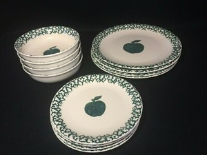FOLKCRAFT-TIENSHAN-Green-Apple-Spongeware-Plates-Bowls-Green-White-Fruit