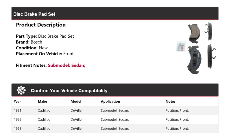Полуметаллические передние тормозные колодки 1992 для седана Cadillac DeVille Bosch 1991-1993 годов выпуска - Изображение 2 из 4