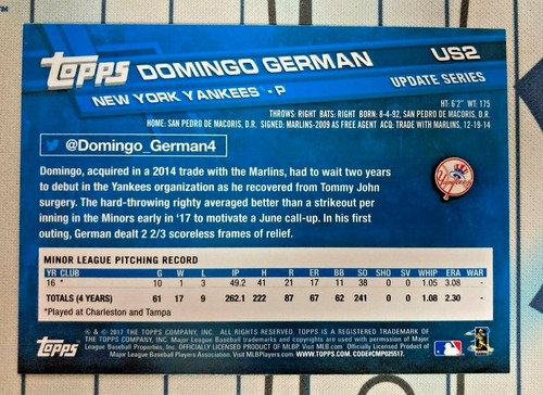 Domingo German RC 2017 Topps Update ⚾ Rookie US2 Yankees Menge 🔥 Perfektes Spiel 🏆 - Bild 3 von 3