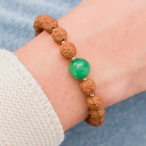 Pulsera Natural 8mm Marrón Rudraksha 10mm Verde Aventurina Oro 14K Regalo - Imagen 4 de 8