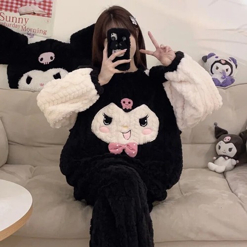 Kuromi Cinnamoroll My Melody Anime Coral Velvet Pajamas Home Clothing Set - Picture 14 of 35