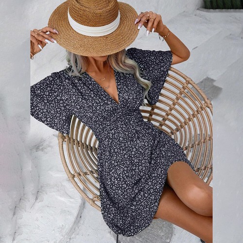 Womens Boho Floral Mini Dress Ladies Short Sleeve V Neck Summer Beach Sundress - Picture 23 of 30