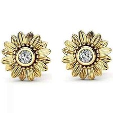 1 CT Round Cut Simulated Diamond Sunflower Stud Earrings Yellow Gold Plated