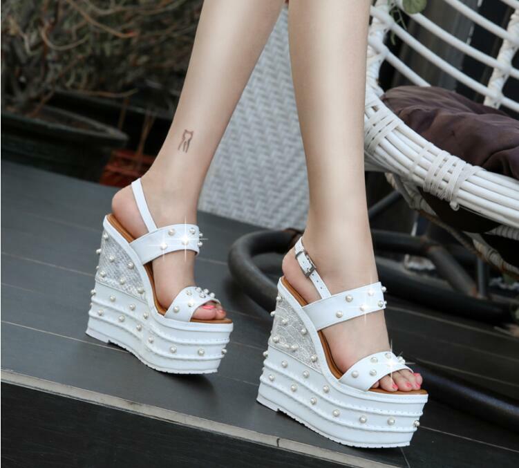 Womens Pearls Creeper High Wedge Heels 16cm Buckle Slingback Sandals Pumos shoes Womens Pearls Creeper High Wedge Heels 16cm Buckle Slingback Sandals Pumos shoes