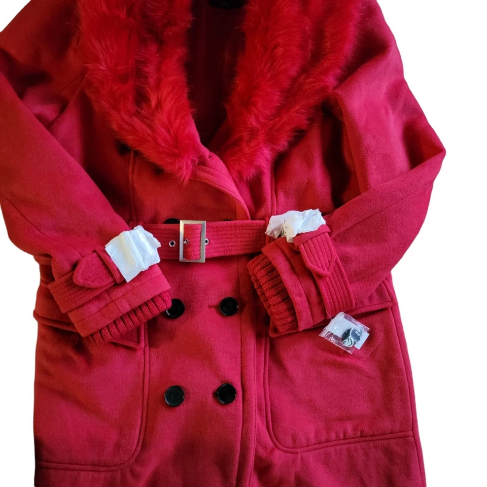 NY&CO Womens Jacket XL Red Faux Fur Trim Removable Pea Coat Festive Belted - Image 3 of 4