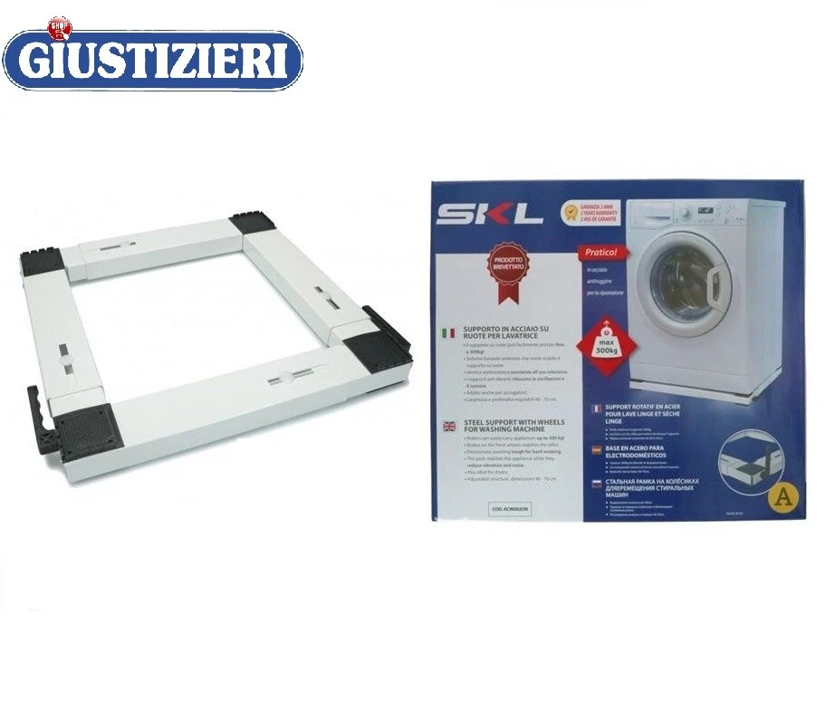 CARRELLO SUPPORTO LAVATRICE ANTIVIBRAZIONE ACCIAIO BIANCO 40-70 CM, 300 KG SKL