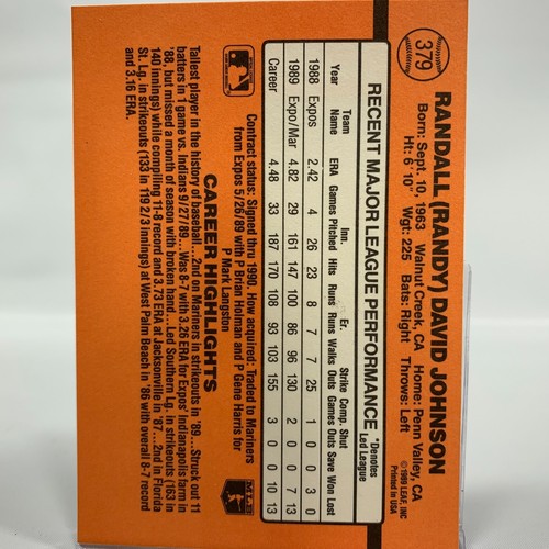 1990 Donruss Randy Johnson #379 Rare Inc carte d'erreur Seattle Mariners vintage - Photo 2 sur 5