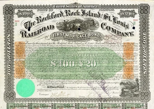1868 Rockford Rock Island & St Louis $100 Bond Certificate with 4 rev stamps