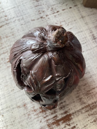 Signed Art Pottery Ugly Face Jack O Lantern Biting Mini Pumpkin Sculpture Scary - Picture 11 of 21