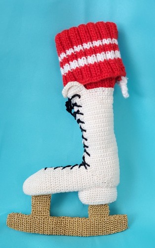 VTG SLIM HAND KNIT & CROCHETED, RED & WHITE ICE SKATE CHRISTMAS ORNAMENT - 9"L - Picture 3 of 7