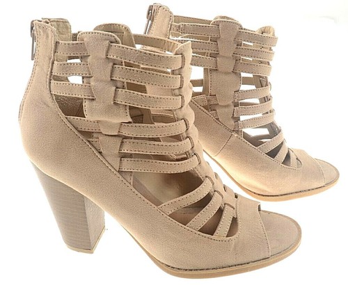 G by Guess Zip up Caged Ankle Booties Peep Toe Chunky Heel Tan Women US Sz 6.5  - Picture 7 of 9