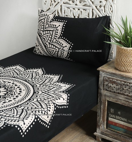 Black White Ombre Mandala Printed Bed Sheet Indian Cotton Single Sheet Set Throw - Picture 2 of 4