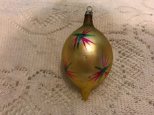 VTG POLAND TEARDROP MICA BALL HAND PAINTED CHRISTMAS ORNAMENT GOLD