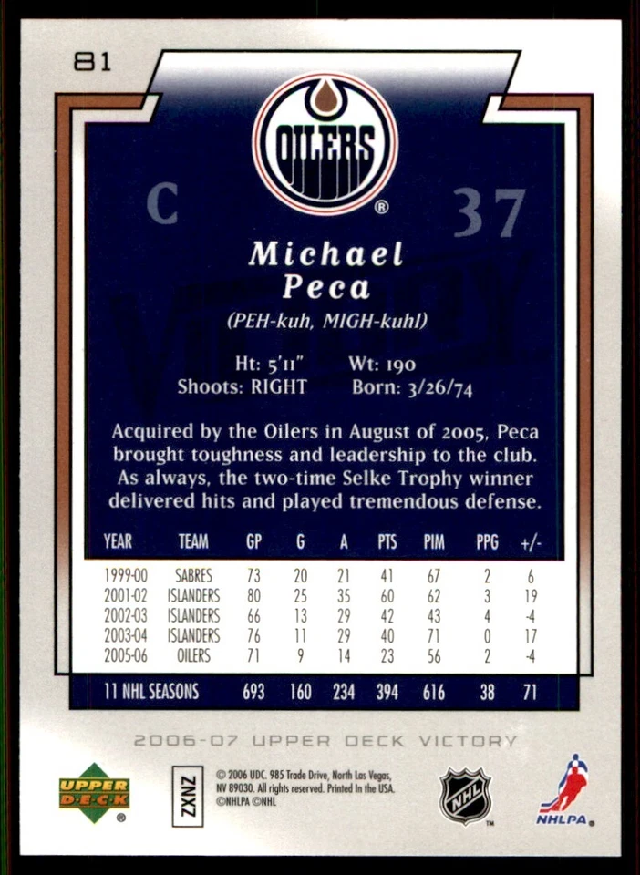 2006-07 Upper Deck Victory Michael Peca Edmonton Oilers #81 - Image 2 of 2
