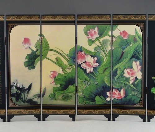 Oriental lacquerware handmade old painting lotus writing fold screen - Picture 4 of 9