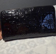 Tory Burch Black Patent Leather Wallet, Embossed Logo Pattern, Zip-Around