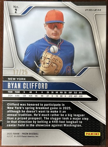 2025 Prizm Green Pulsar Prospect RYAN CLIFFORD Mets!! #2 17/25 - Picture 2 of 2