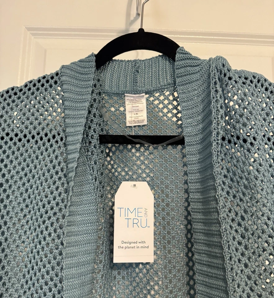 Time and Tru 钩针编织 Ruana/遮瑕膏,TEAL 女式 L-XL 码 — 第 3/4 张图片