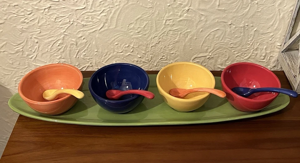 Pottery Barn Colorful Serve 4 Condiment Bowls Spoons & Dish New In Original Box - Image 2 of 4