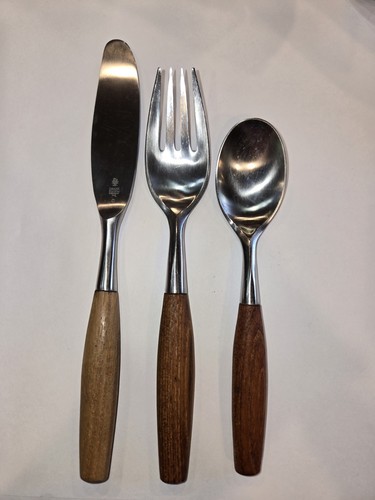 DANSK GERMANY MCM FJORD TEAK STAINLESS STEEL SALAD FORK DINNER KNIFE TEA SPOON - Picture 2 of 21