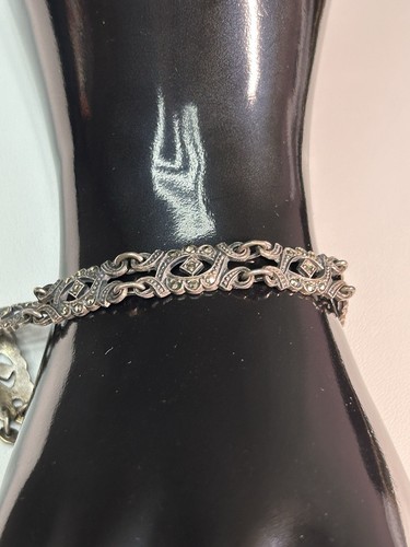 Vintage Sterling Silber Markasiten Gliederarmband 7" Sicherheitskette Art Deco 925