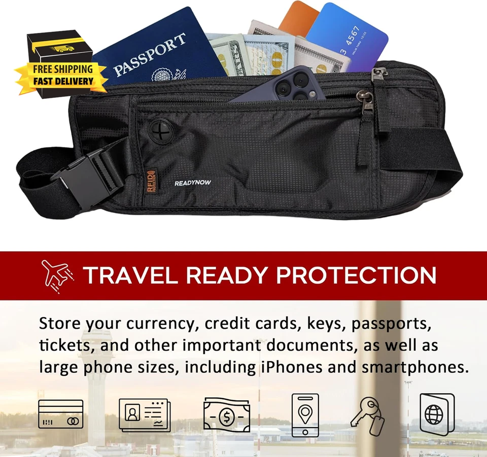 Travel Money Belt with RFID Blocking - Hidden Waist Passport Holder Wallet Pouch - Image 2 of 4