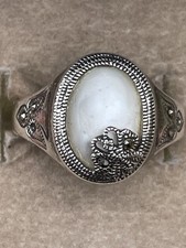 Vintage 925 Sterling Silver Mother Of Pearl Overlay Floral Y2K Ring Size Q1/2