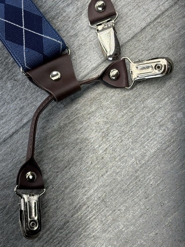 Grade Code Suspenders Braces Blue Plaid Chrome Clip Down 1 3/8 in Brown Y-Back - Picture 4 of 15