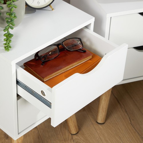 Mesita de noche blanca con 2 cajones para dormitorio mesa auxiliar para almacenamiento patas de madera moderna - Imagen 6 de 7