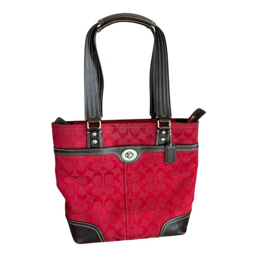 Coach Signature C Canvas Satchel Medium Purse Leather Trim Wallet Cherry Hot Red - Picture 2 of 24