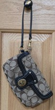 Coach Signature Canvas Wristlet Clutch in Brown with Black Leather Trim and Gold