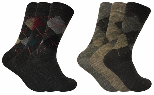 Mens 3 Pack of Thin Brown Grey Lambs Wool Blend Argyle Pattern Warm Hiking Socks - Picture 1 of 12