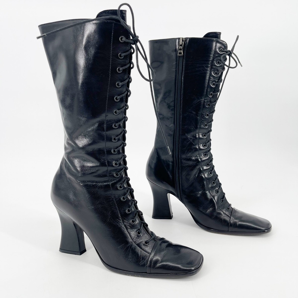 美品　プラダ　ブラックブーツ　ヴィンテージ Prada F/W 2001 Vintage Black Leather Lace-Up Square Toe
