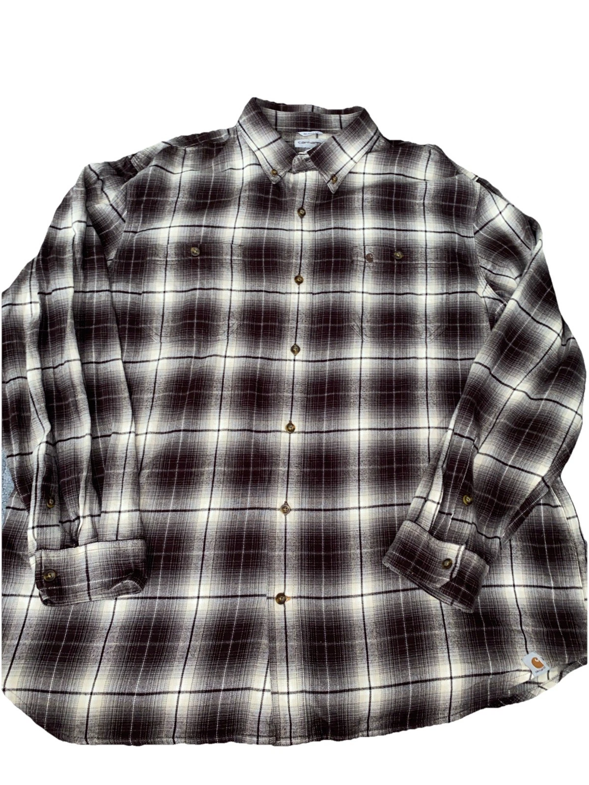 Carhartt Mens 2XL Flannel Button Down Shirt Brown Plaid Workwear Outdoors