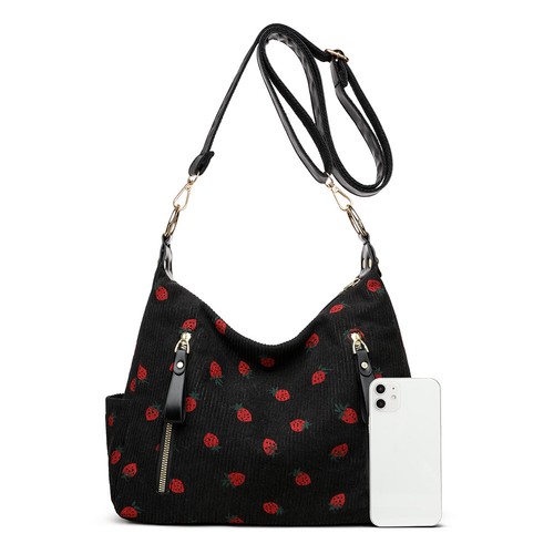 Women Corduroy Shoulder Bag Multi-Pocket Strawberry Bag Handbag forWork (Black) - Picture 8 of 9