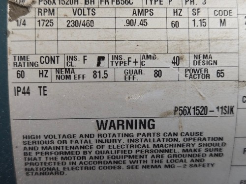 1/4 HP RELIANCE MOTOR, 1725 RPM, Fr. FB56C, 3Ph, 230460 Volts, ID# P56X 1520H - Picture 7 of 9