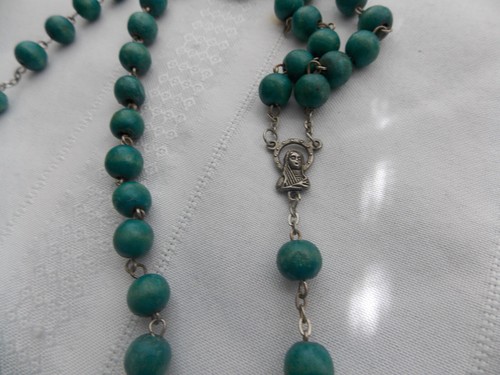Religiöses katholisches Christentum blau Holz silberfarben Rosenkranz Perlen #H49 - Bild 4 von 5