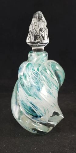 Art Glass Perfume Bottle with Stopper Hand-Blown Aqua White Clear Twist Signed - Picture 3 of 10