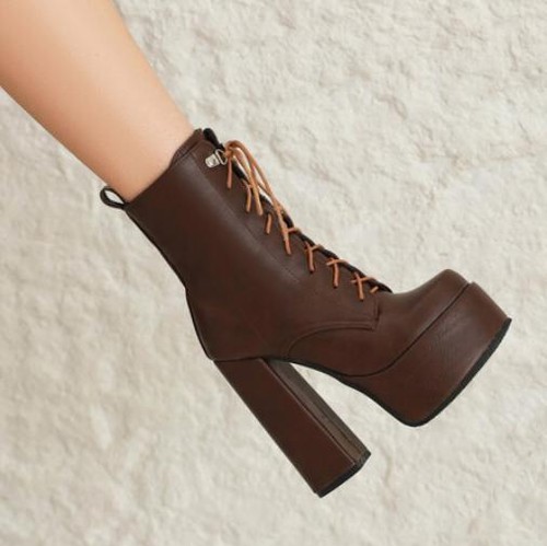 Women's Punk Winter Lace Up Mid-calf Boots 14cm High Heel Shoes Round Toe 35-43 - Picture 3 of 11